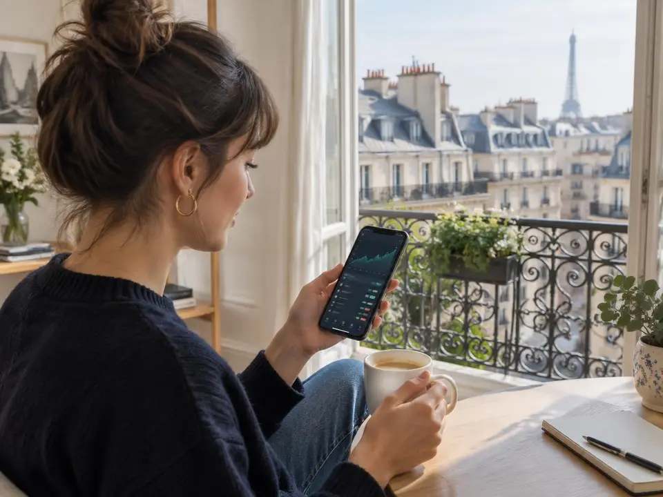 Utilisatrice en France consultant l'Eclaissance trading app sur son smartphone depuis un appartement parisien